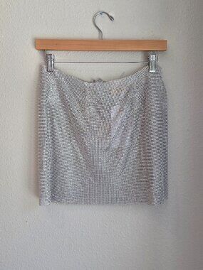 Camila Coelho Silver Rhinestone Chainmail Mini Skirt Womens M/L Sparkly Party